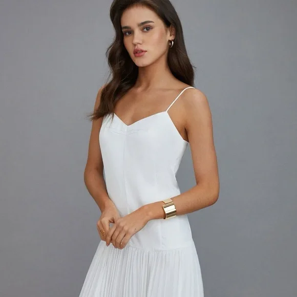 White Satin Bodice Pleated Hem Layered Spaghetti Dress Maxi Dress - Picture 5 of 6